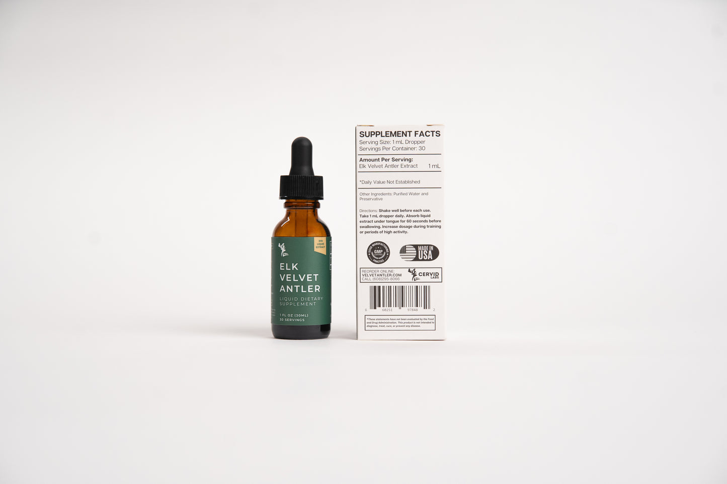 Amber dropper bottle of Elk Velvet Antler liquid supplement with its label on a white background