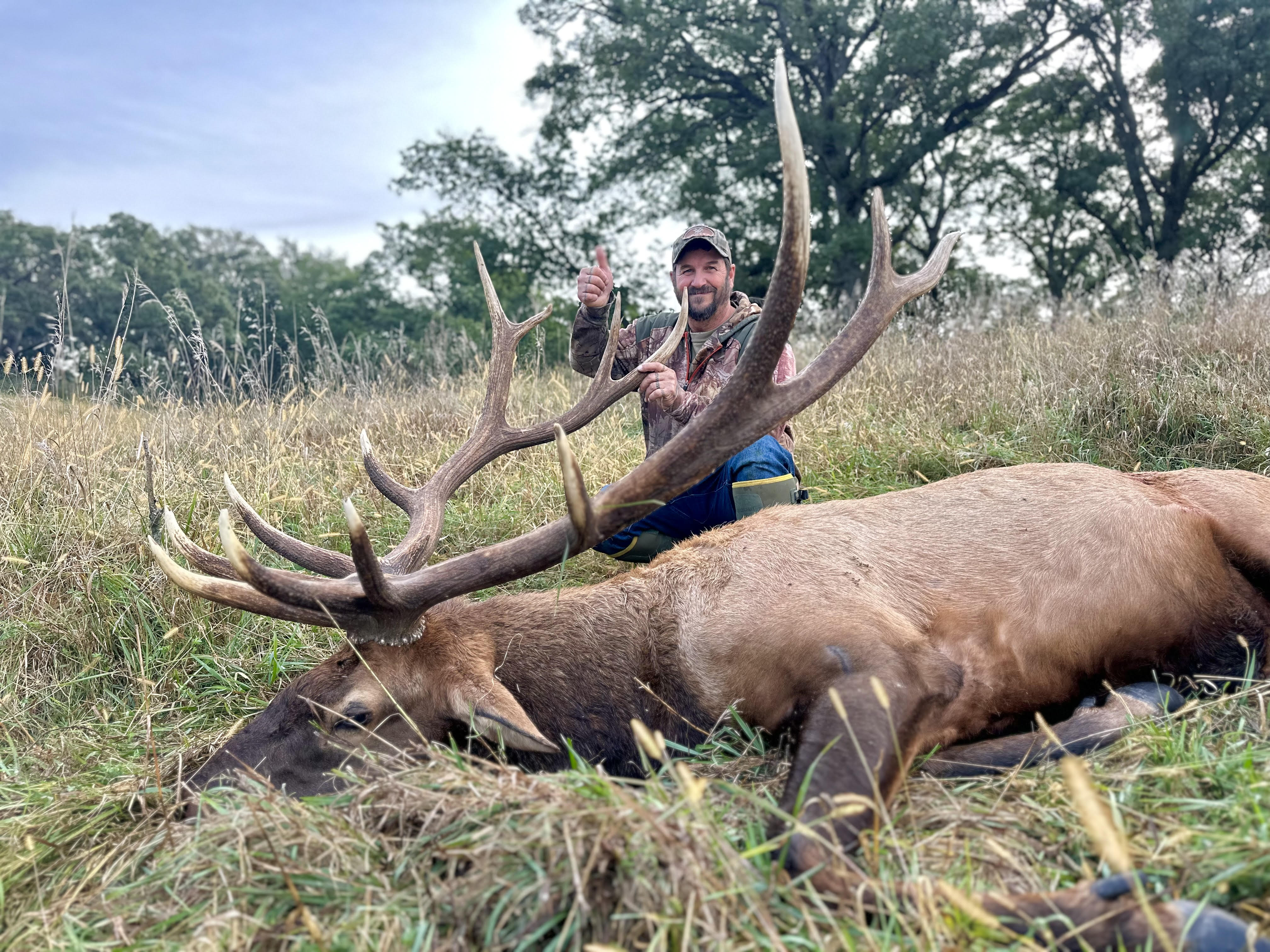 Man posing next to a large elk in a grassy field with trees in the background