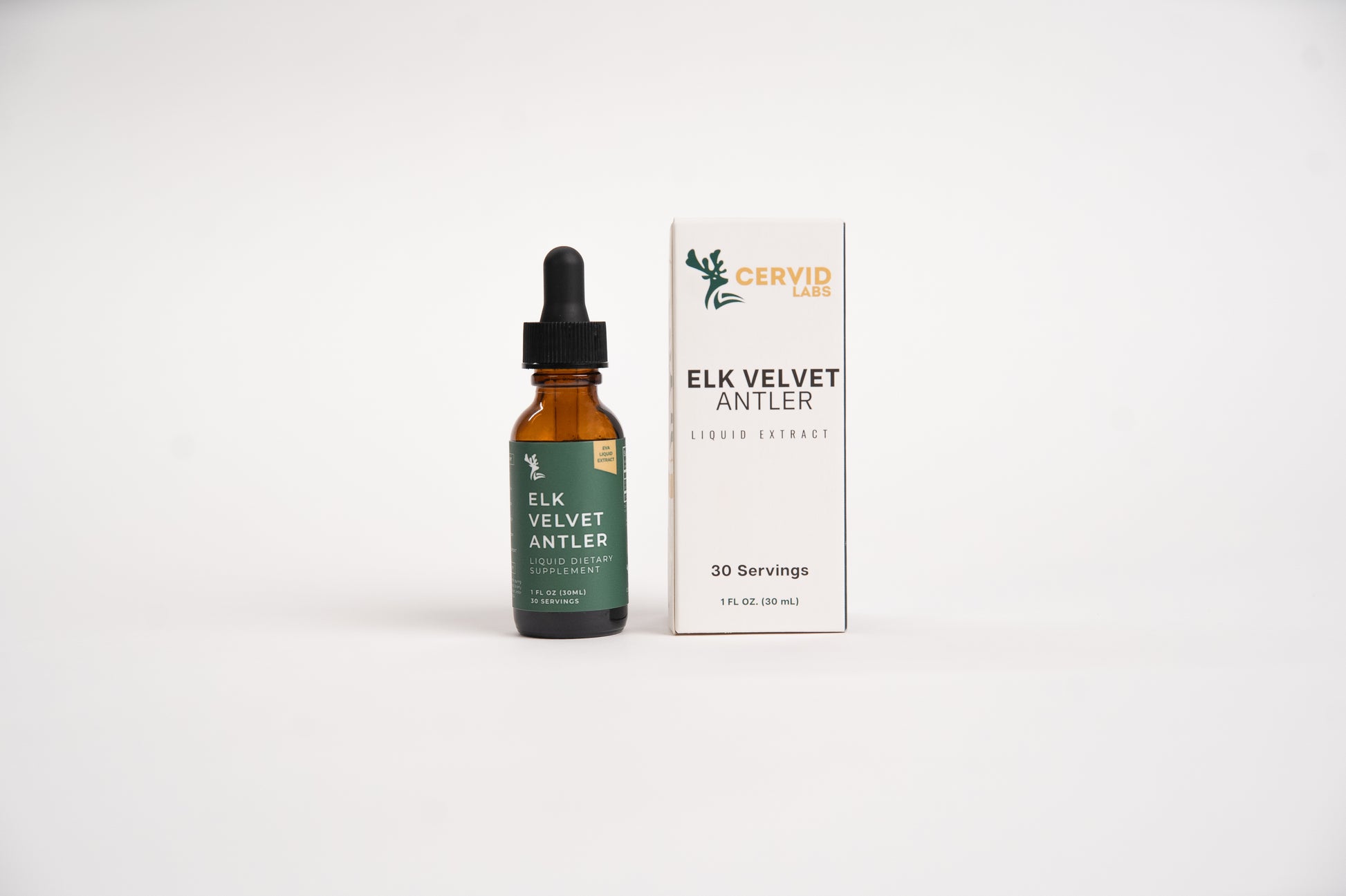 Amber dropper bottle and box of Elk Velvet Antler liquid supplement on a white background