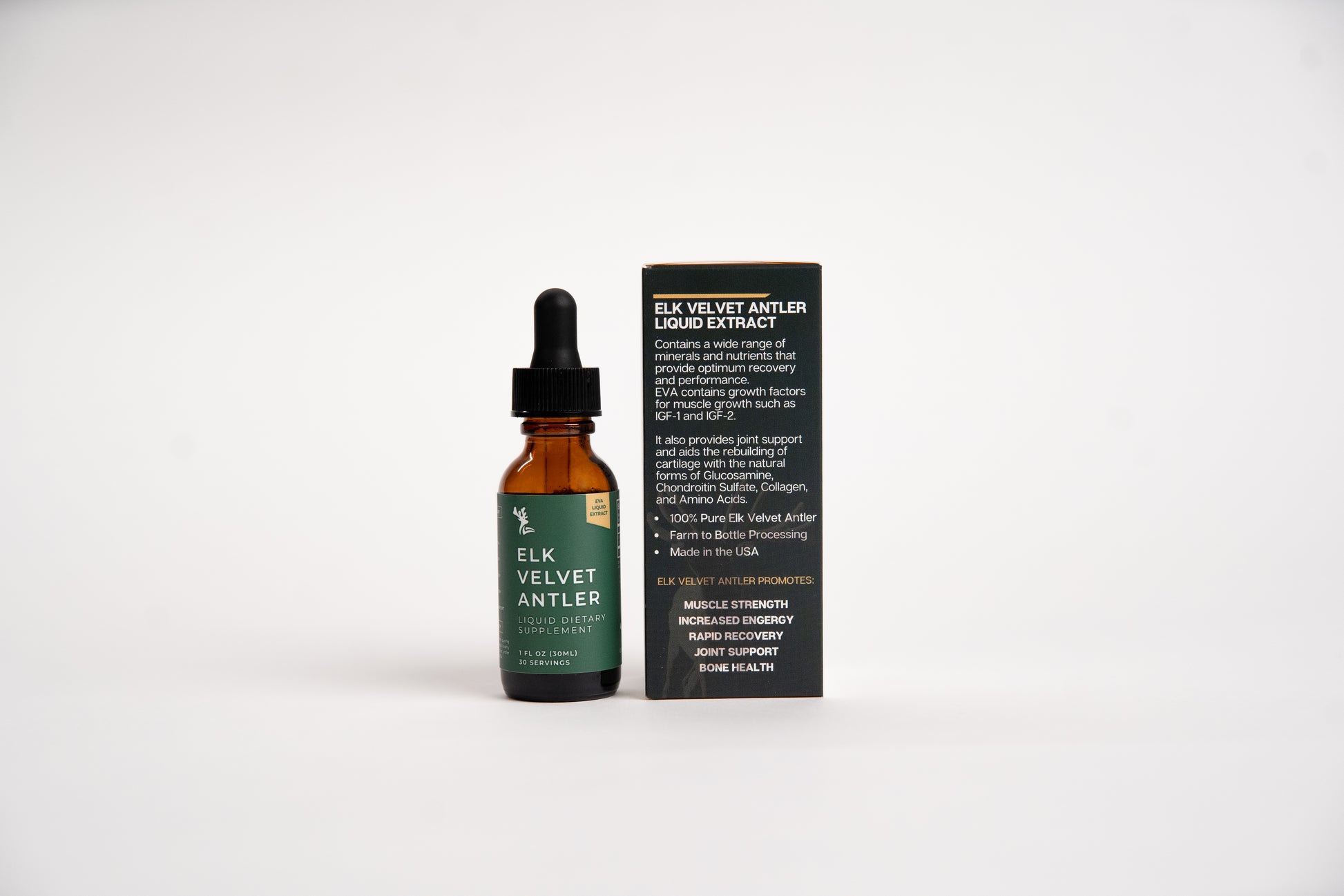 Amber dropper bottle with dropper and black box labeled 'Elk Velvet Antler Extract' on a white background