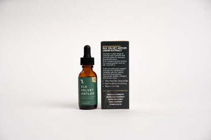 Amber dropper bottle with dropper and black box labeled 'Elk Velvet Antler Extract' on a white background