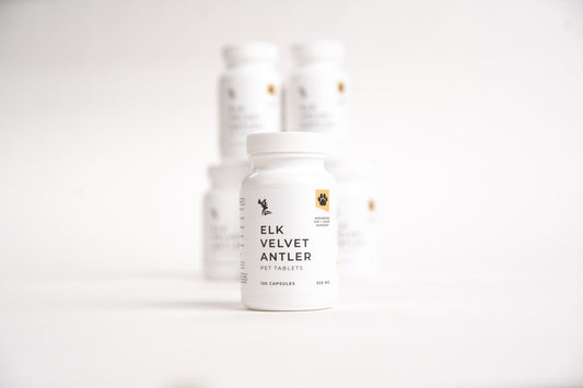 Stacked white bottles of Elk Velvet Antler Pet Tablets on a white background