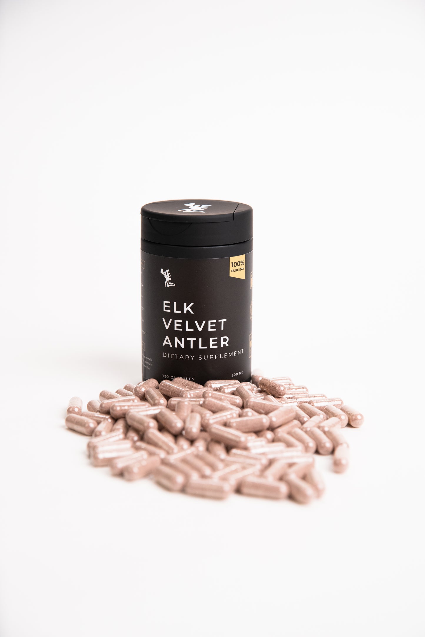 Elk Velvet Antler Dietary Supplement and Capsules in front of a black bottle