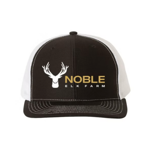 Black and white baseball hat with Noble Elk branding