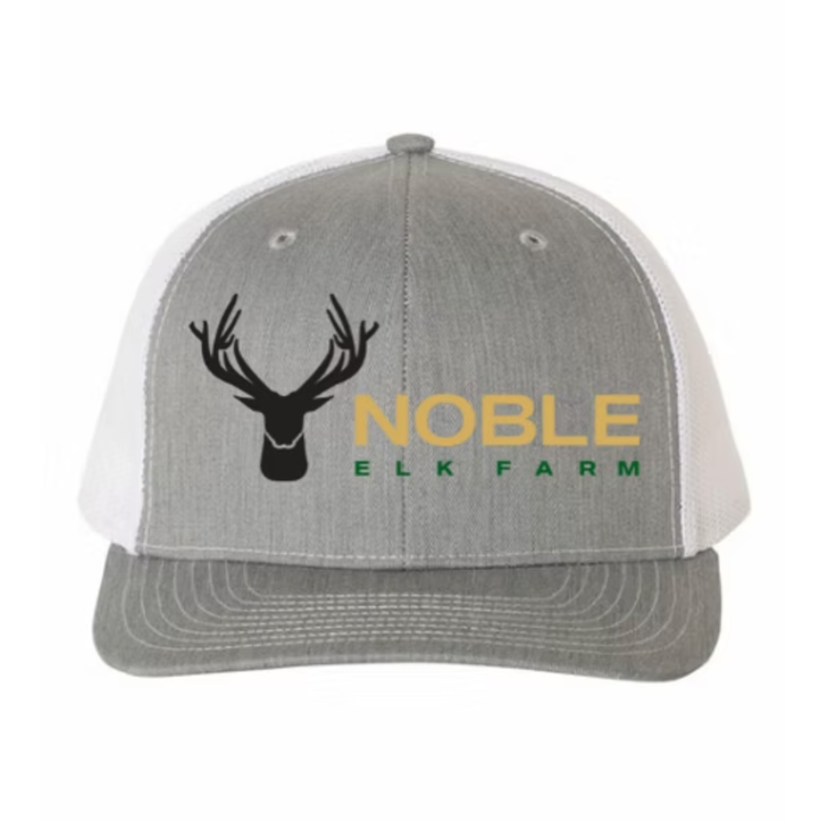Gray and white baseball hat with Noble Elk branding