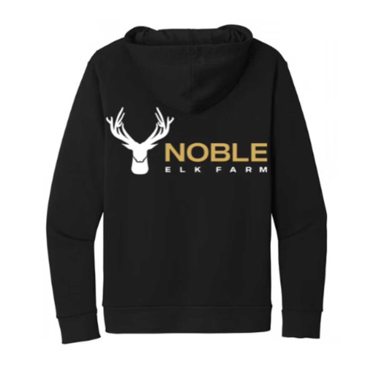 Back of black long sleeve hoodie with Noble Elk logo in the center