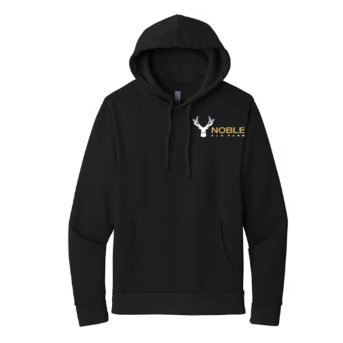 Black long sleeve hoodie with small Noble Elk logo on front chest