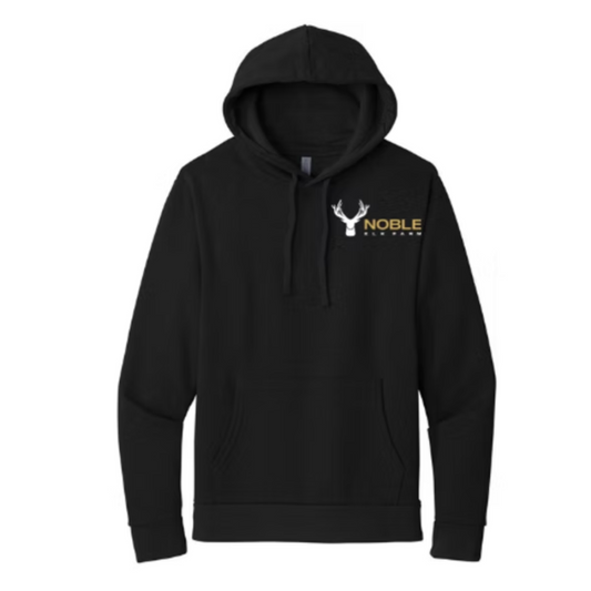 Black long sleeve hoodie with small Noble Elk logo on front chest