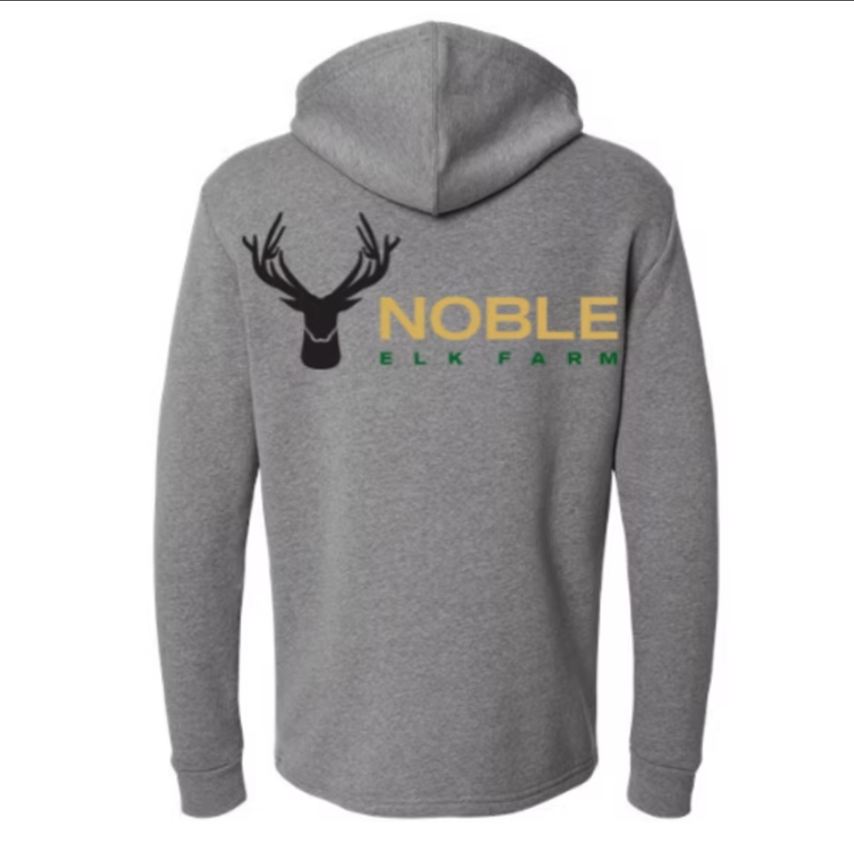 Back of gray long sleeve hoodie with Noble Elk logo in the center