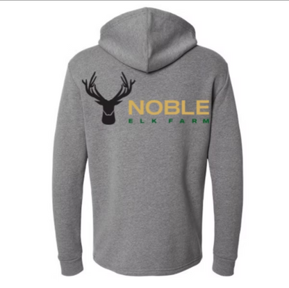 Back of gray long sleeve hoodie with Noble Elk logo in the center