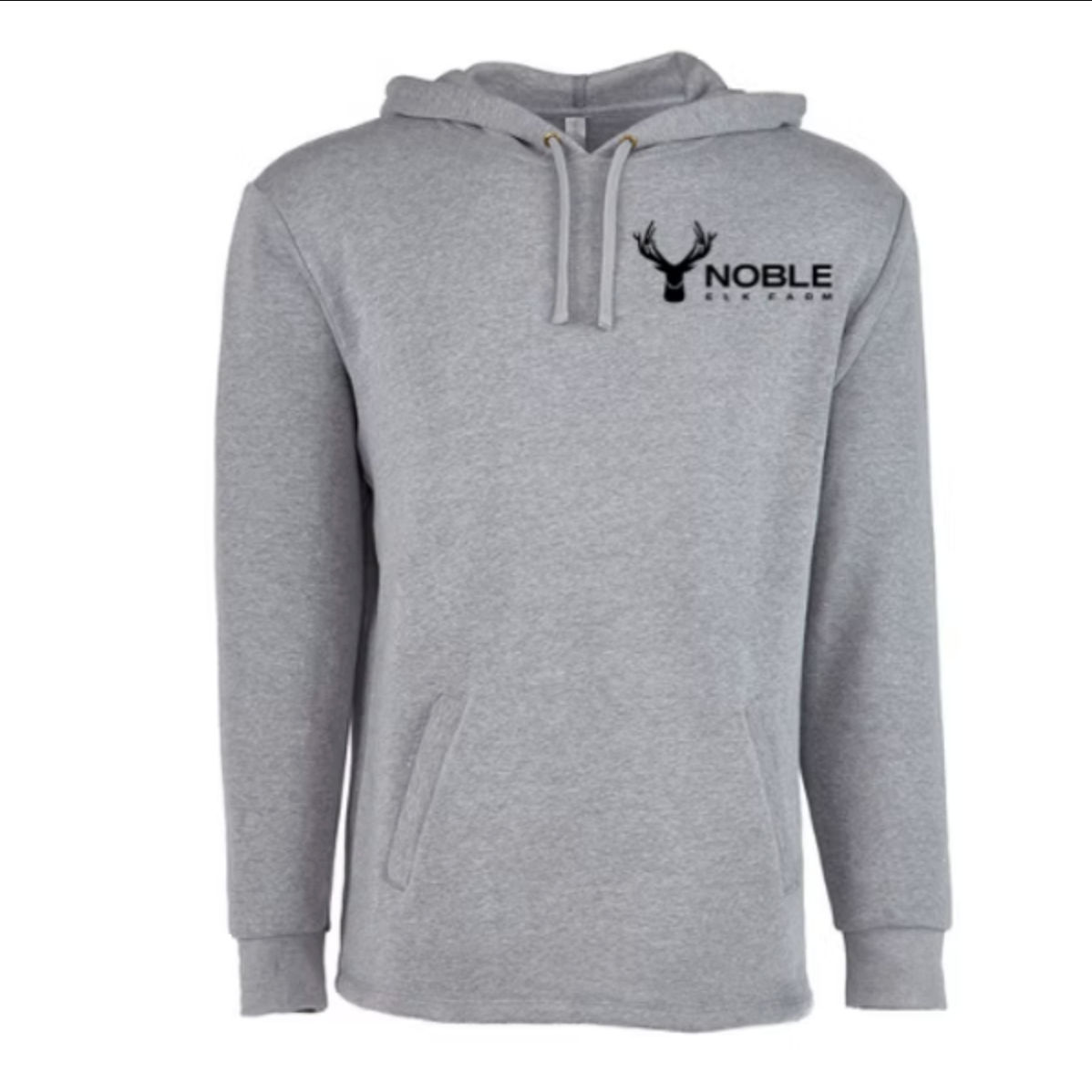Gray long sleeve hoodie with small black Noble Elk logo on front chest