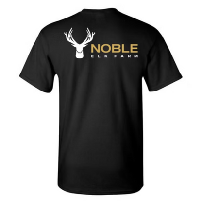 Back of black t-shirt with Noble Elk logo in the center