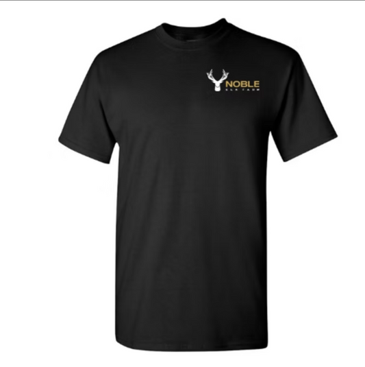 Black t-shirt with small Noble Elk logo on front chest