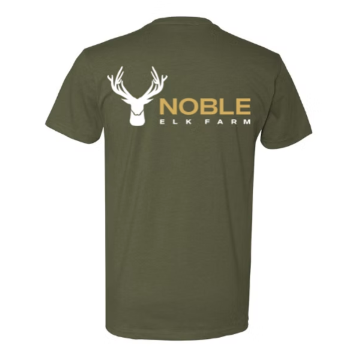 Back of army green t-shirt with Noble Elk logo in the center
