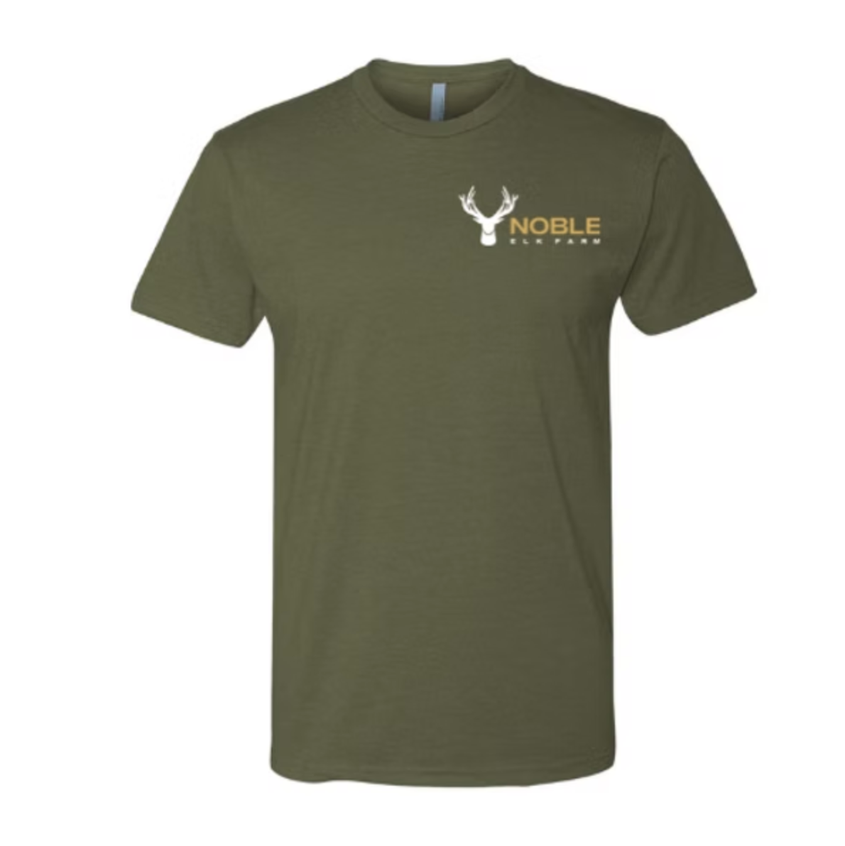 Army green t-shirt with small Noble Elk logo on front chest