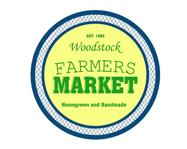 Woodstock Farmers Market logo with green text on a yellow background